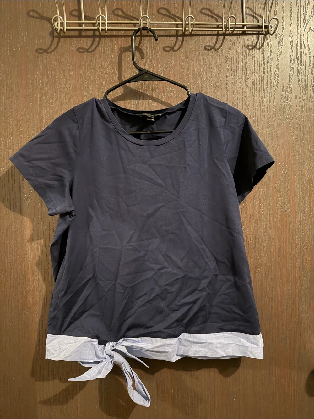 J. Crew Navy Short-Sleeve Top with Contrast Tie Hem Size M